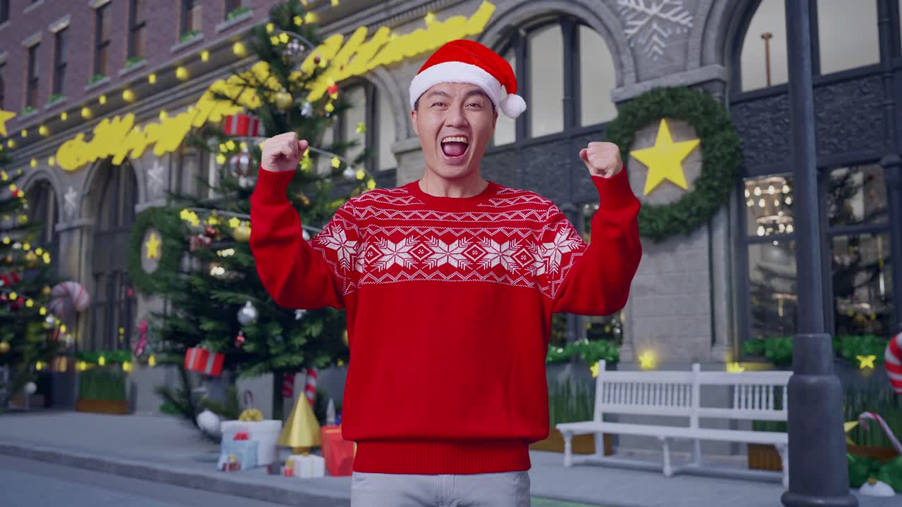 크리스마스 스웨터를 입은 흥분한 남자