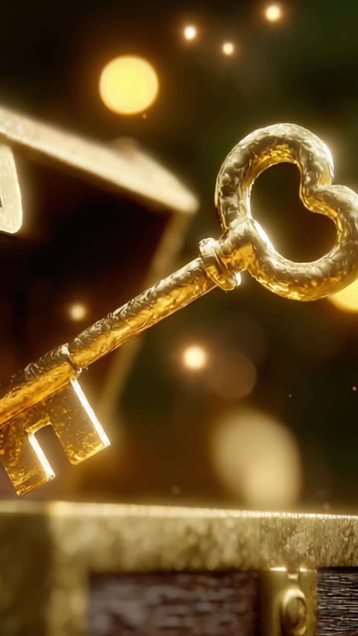 Una chiave d'oro vintage sopra un forziere del tesoro, che luccica contro uno sfondo abbagliante di luce e mistero, suggerendo tesori nascosti e avventura.