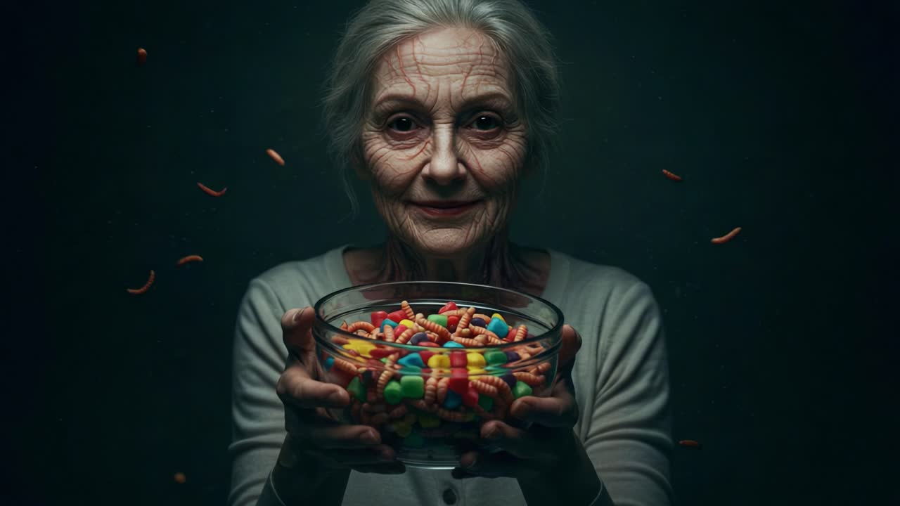 An elderly woman softly smiles while holding a bowl filled with a vibrant assortment of colorful pills, illustrating the contrast of youth and age against a dark backdrop