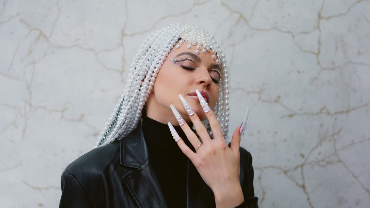 Donna alla moda con diadema di perle e unghie decorate