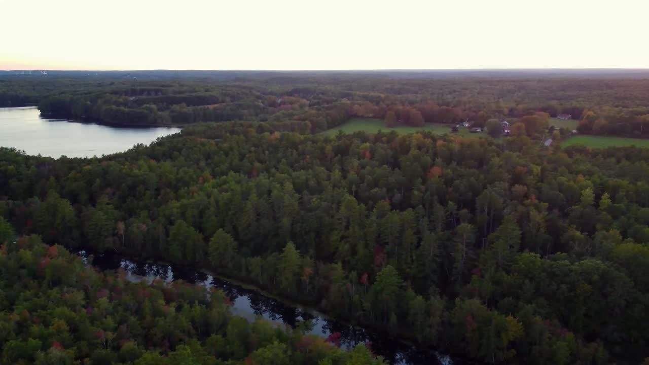 una toma panorámica de un bosque y un lago en woolwich maine