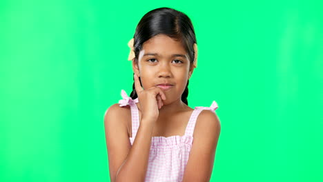 thinking, green screen and curious kid wondering