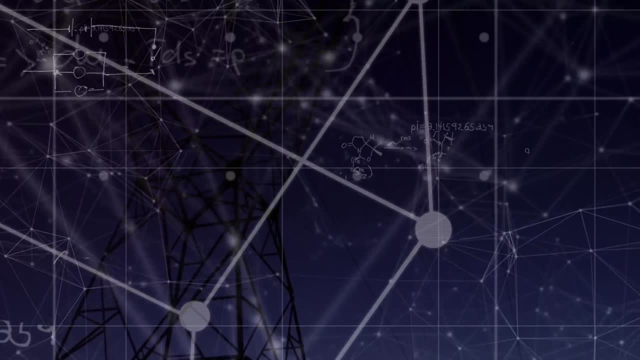 Animation of connected dots forming square, mathematical equations over transmission tower