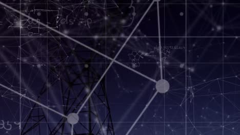 animation of connected dots forming square, mathematical equations over transmission tower