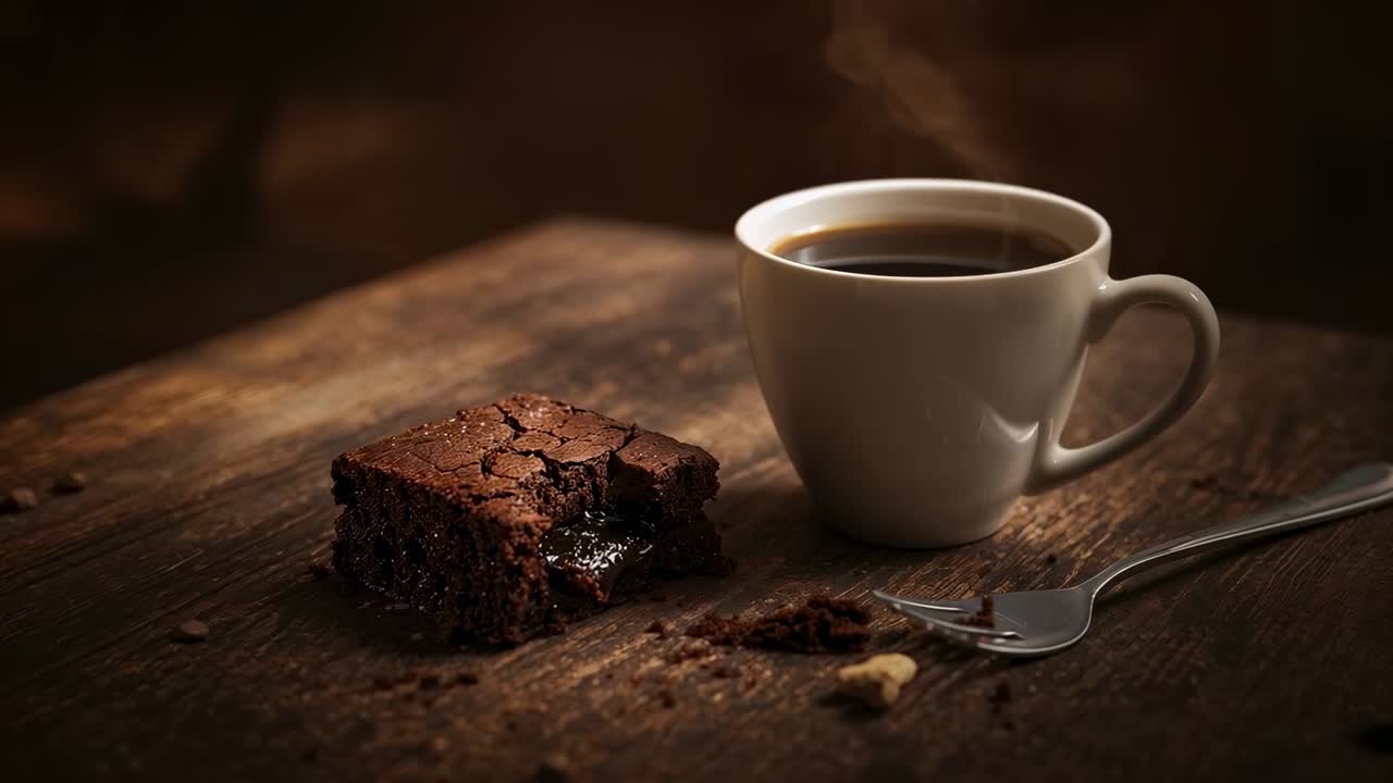 Rygende varmt, hvidt krus og lækker brownie på træbord, kameraet zoomer ind og viser teksturen