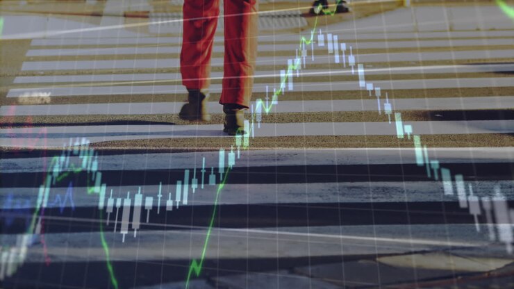 Animation of financial data processing over zebra crossing in city street