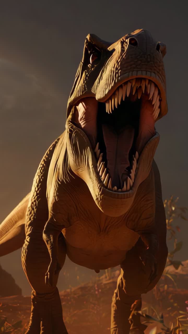 Vertical video: Roaring as dusk settling, Tyrannosaurus rex opening jaws moving across rocky plain