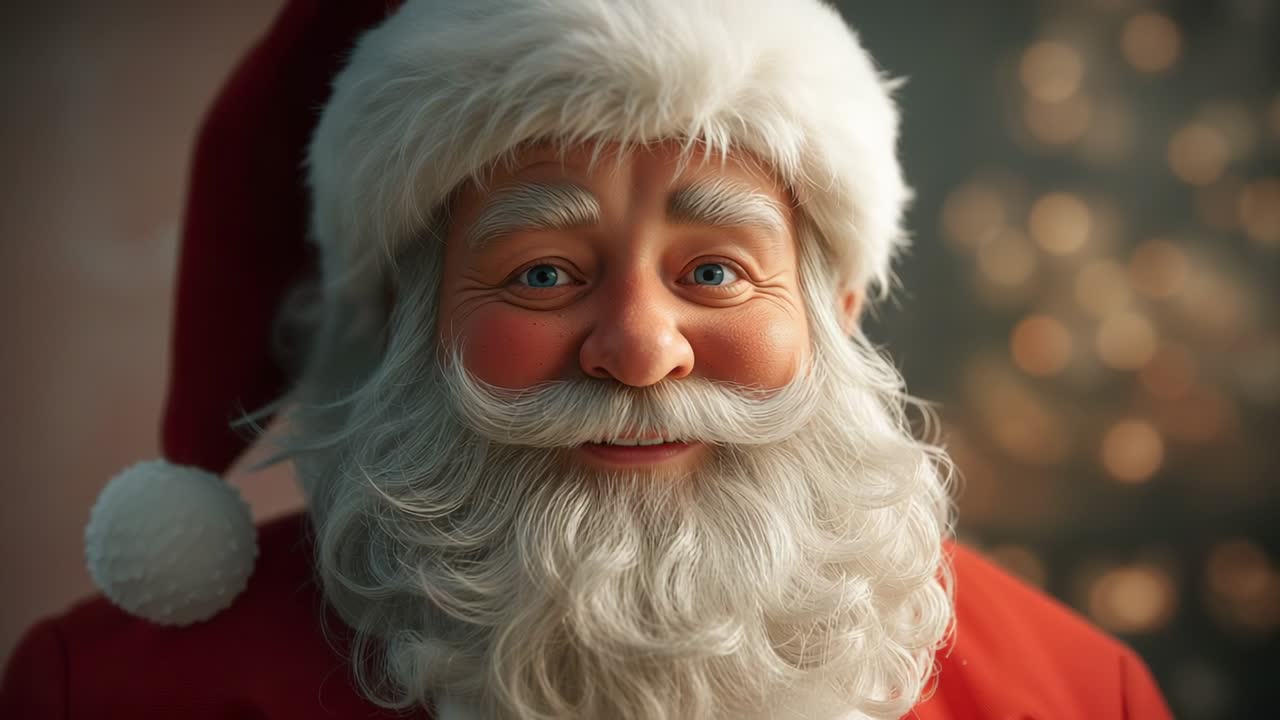 Smiling Santa Claus deepening smile and blinking as holiday lights flickering in home close-up