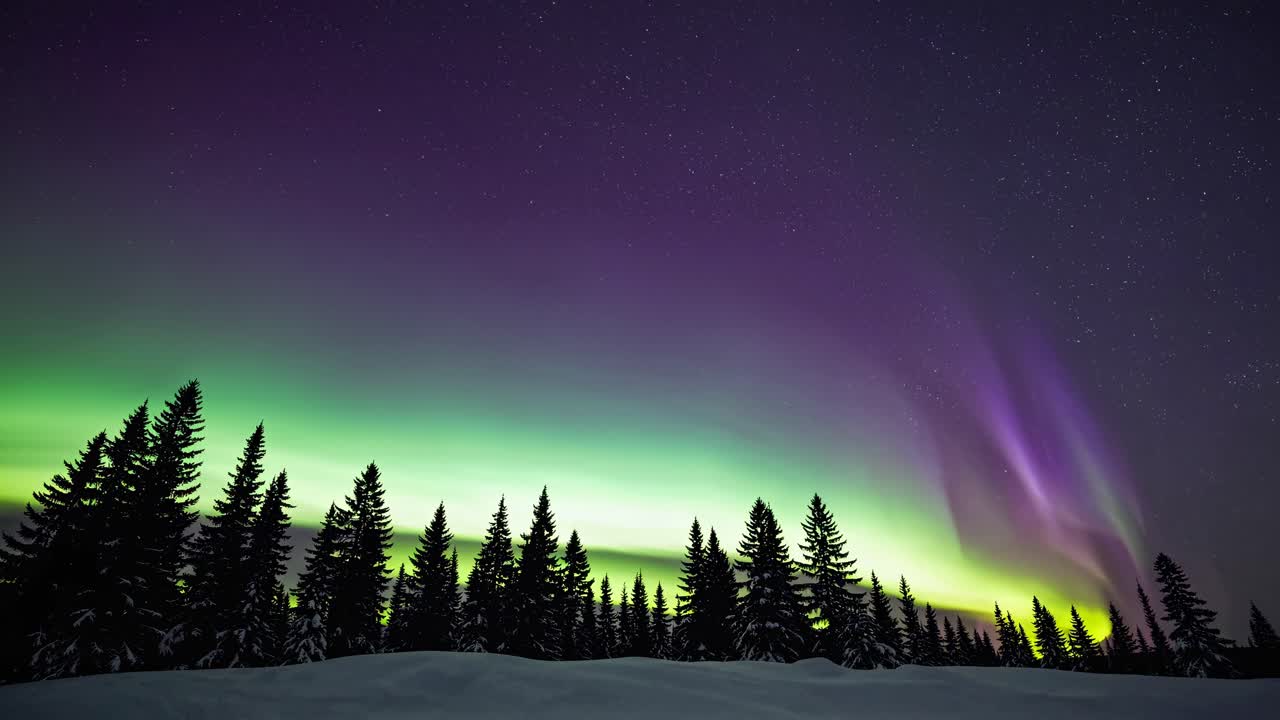 A wide-angle shot captures the mesmerizing aurora borealis over a silhouette of pine trees