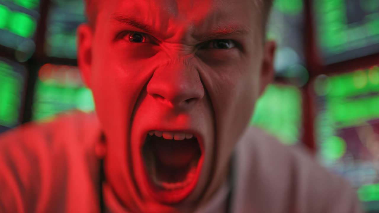 A Young Individual Expresses Intense Emotion While Surrounded by High-Tech Displays, Portrayed in Dramatic Lighting with Red and Green Tones Reflecting Agitation and Focus