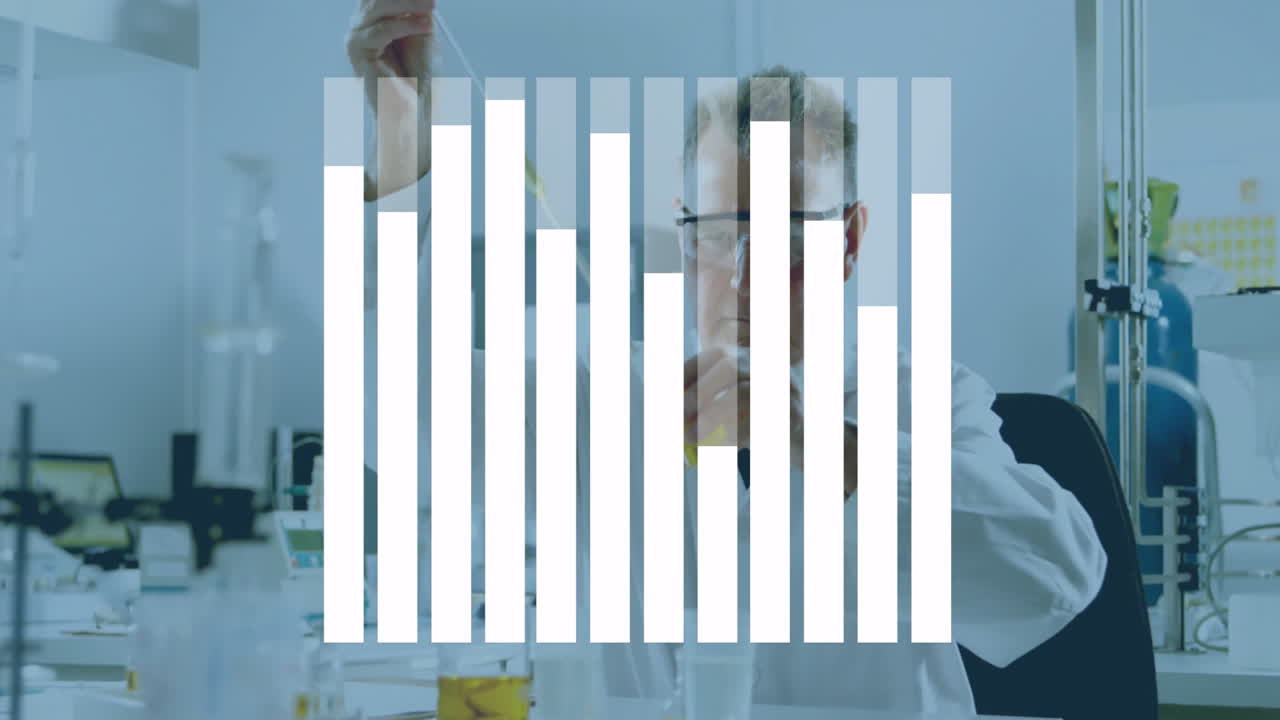Conducting experiment with animation overlay, scientist working in laboratory setting