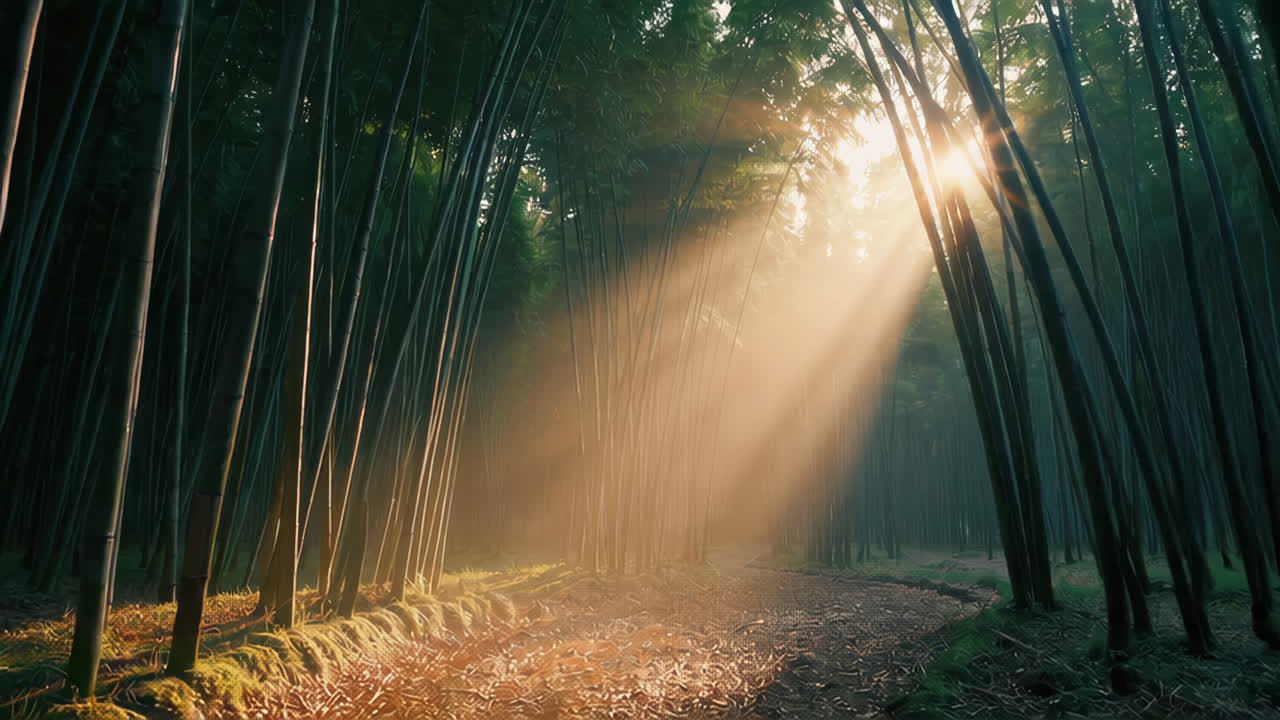 대나무 숲 을 가로질러 흐르는 빛