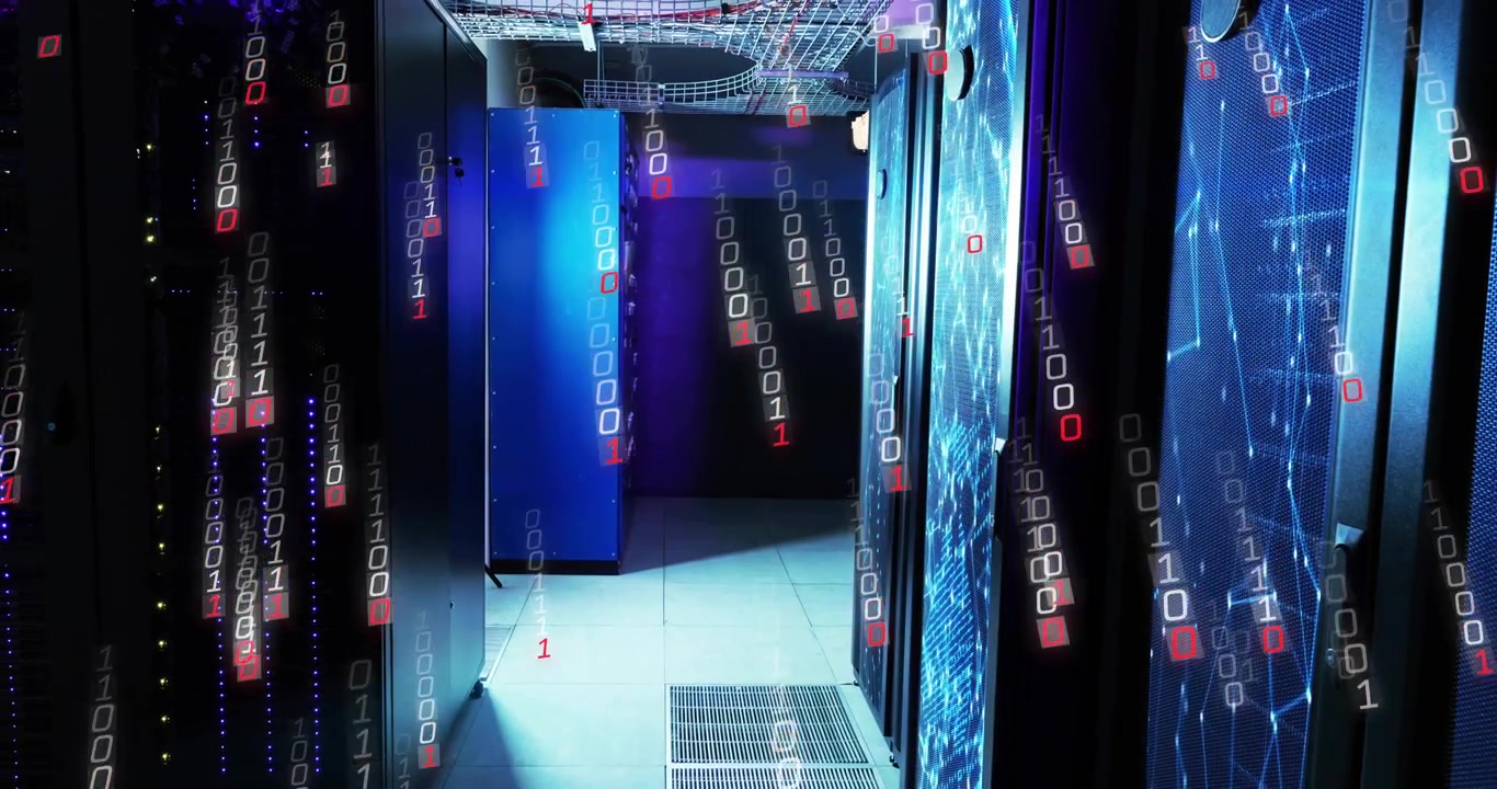 binary digits materializing and highlighting data flow in corridor between server cabinets