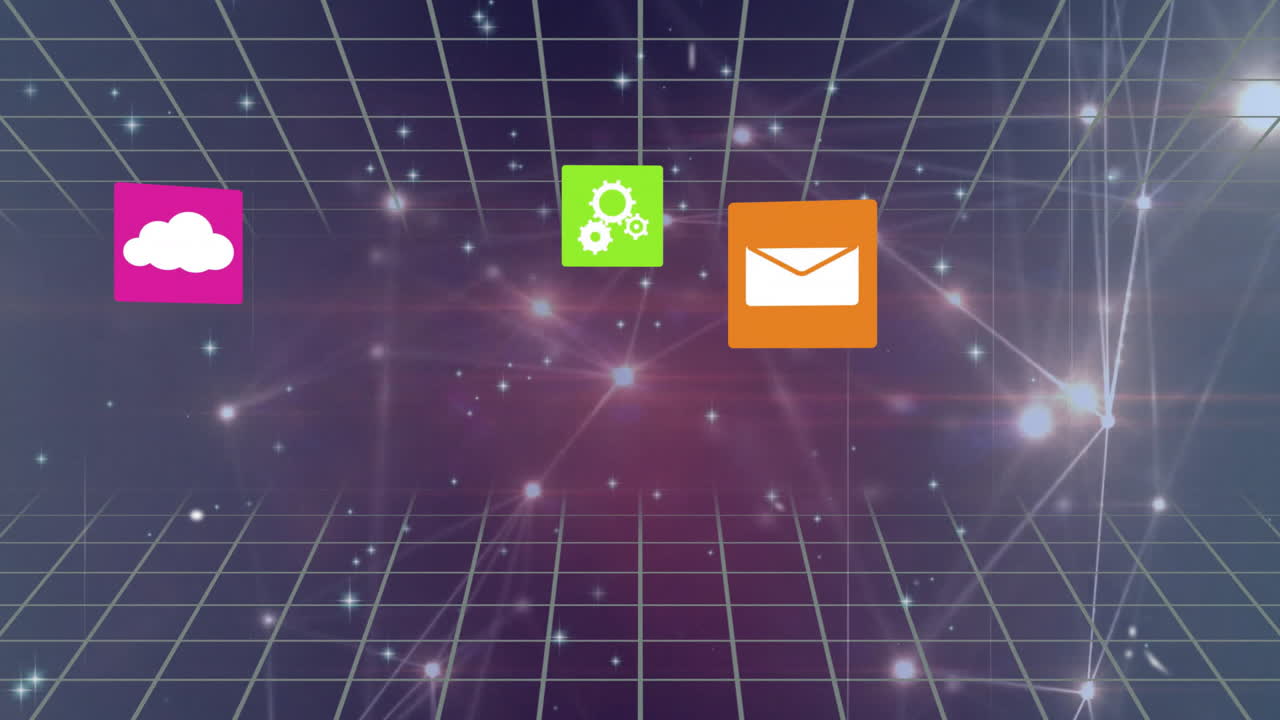 Cloud, settings, and email icons animation over grid and starry background