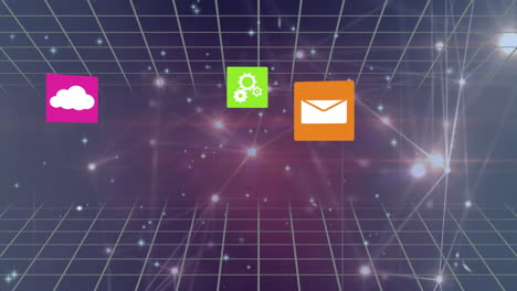 Cloud,-settings,-and-email-icons-animation-over-grid-and-starry-background