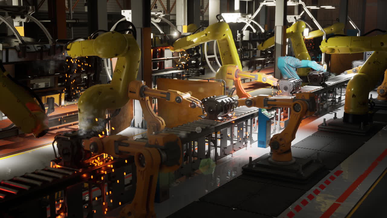 Modern factory conveyor belt with robotic arms assembling products efficiently