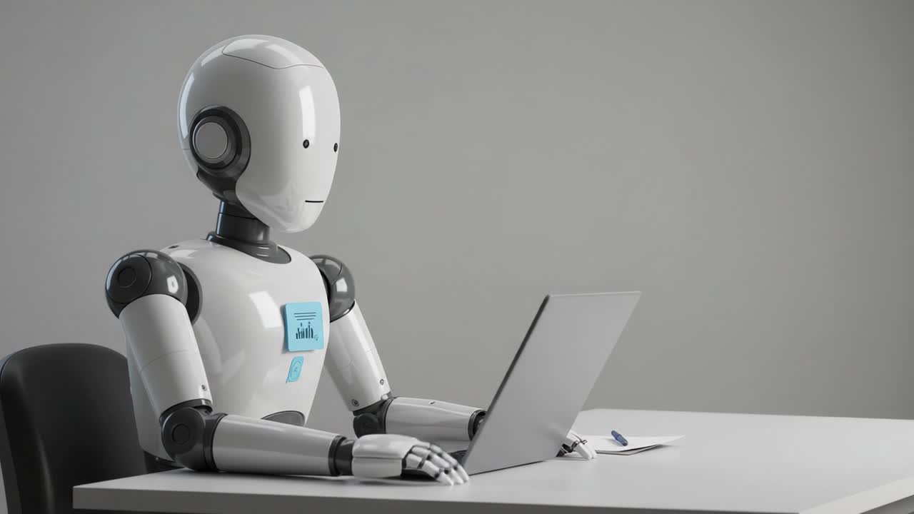 A humanoid robot intently focusing on a laptop, showcasing the evolution of technology and artificial intelligence in modern work environments