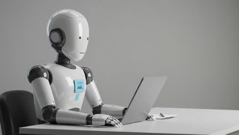 a humanoid robot intently focusing on a laptop, showcasing the evolution of technology and artificial intelligence in modern work environments