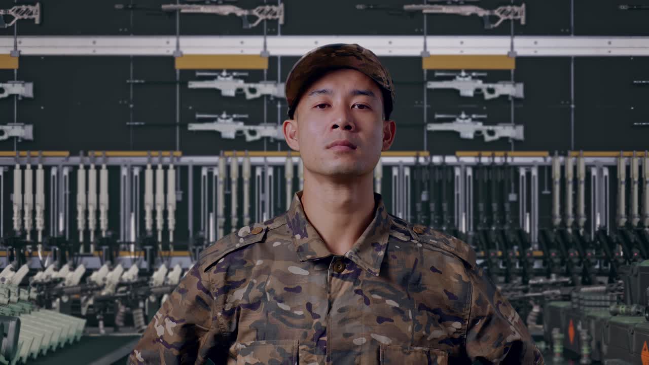 軍事兵器庫で立つアジア人兵士のクローズアップ