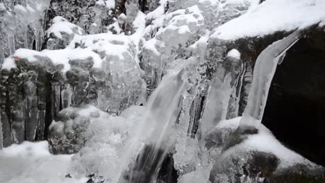 water streaming on cascade on frozen stream in forest
