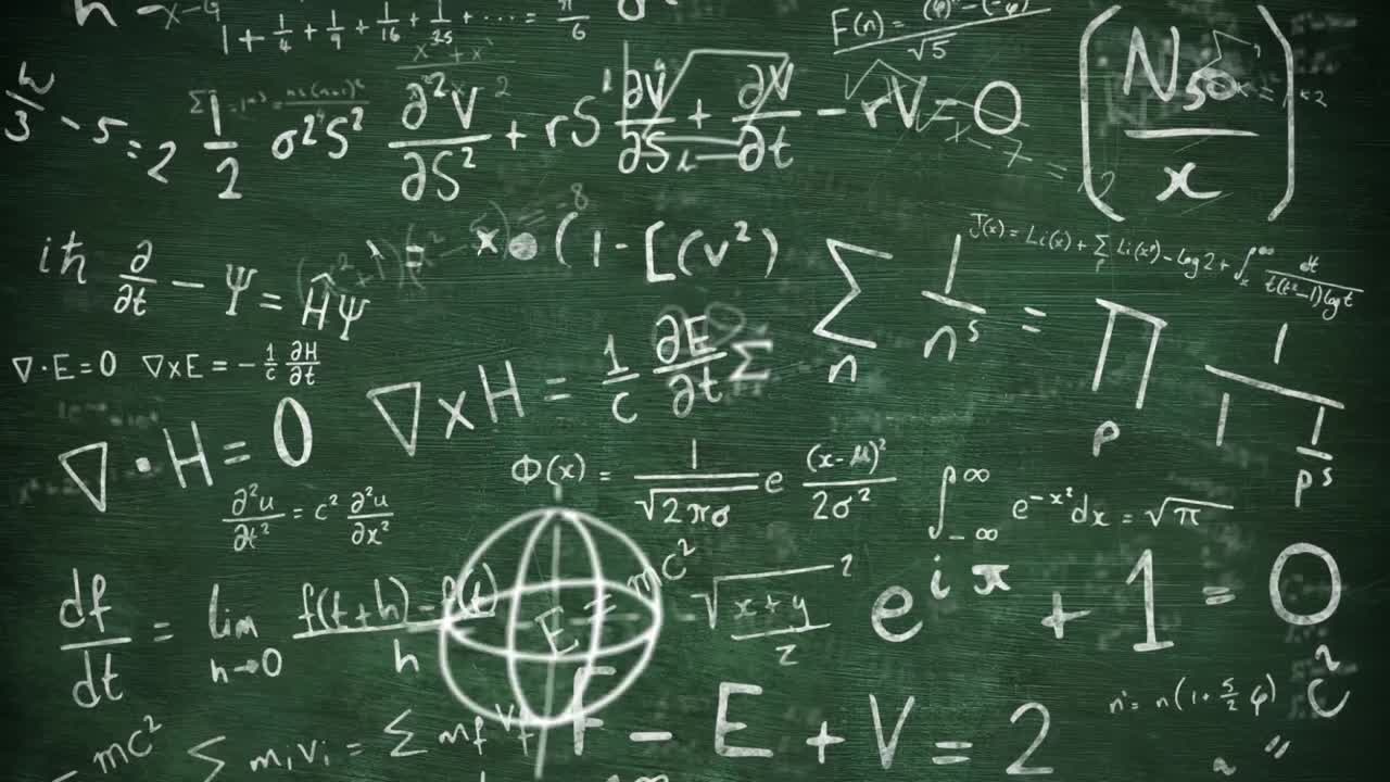 animación digital de ecuaciones matemáticas y fórmulas flotando contra un fondo verde