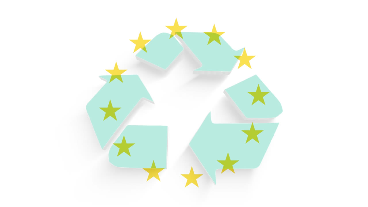 animación de las estrellas de la bandera de la unión europea con símbolo de reciclaje verde sobre fondo blanco