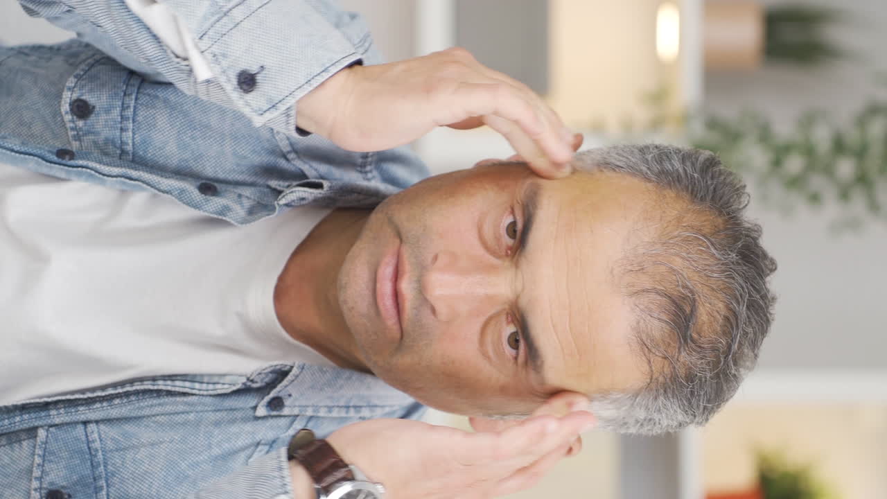 video vertical de un hombre con dolor de cabeza.