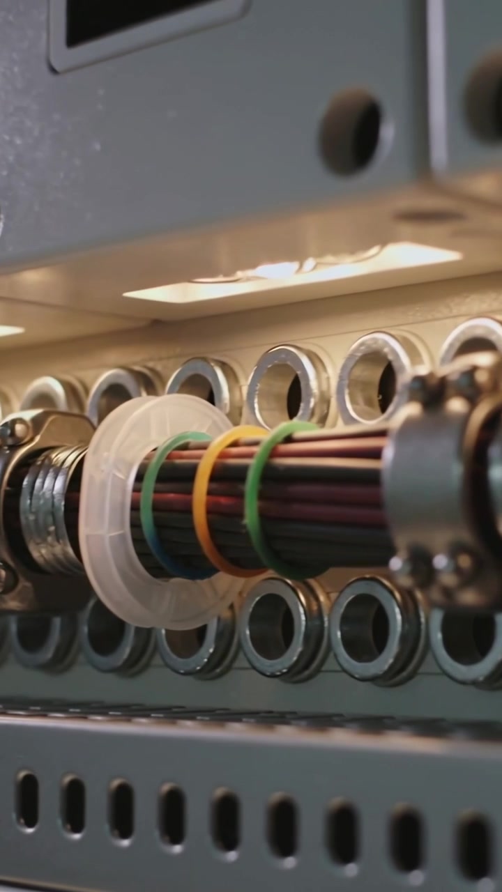 Vertical video: Camera shifting, cable bundle moving in rack panel, clamp and spacer securing bands