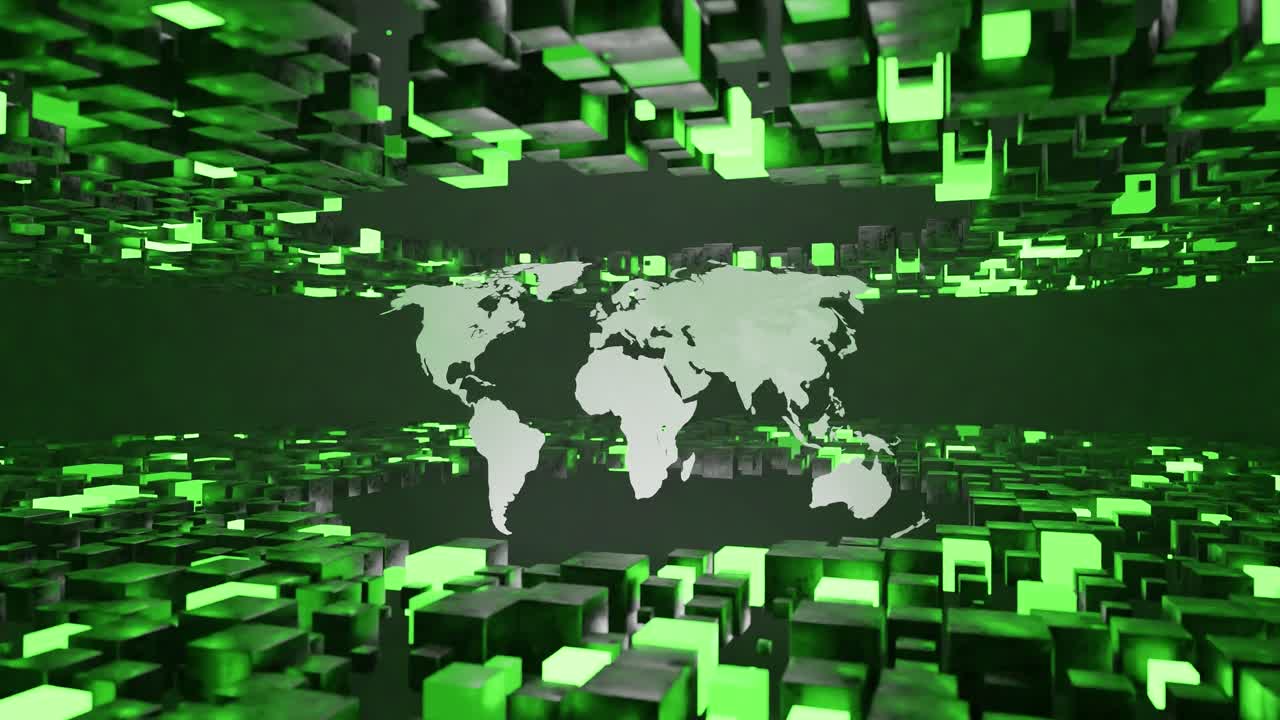 Digital world map surrounded by floating green and black 3D cubes in virtual space. Futuristic abstract illustration. Global data network and technology concept, poster, header