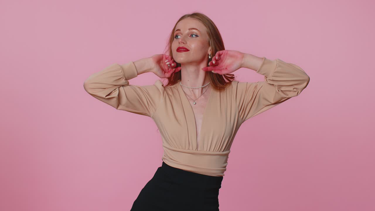 Businesswoman girl alone very proud pointing herself looking selfconfident overjoyed by success