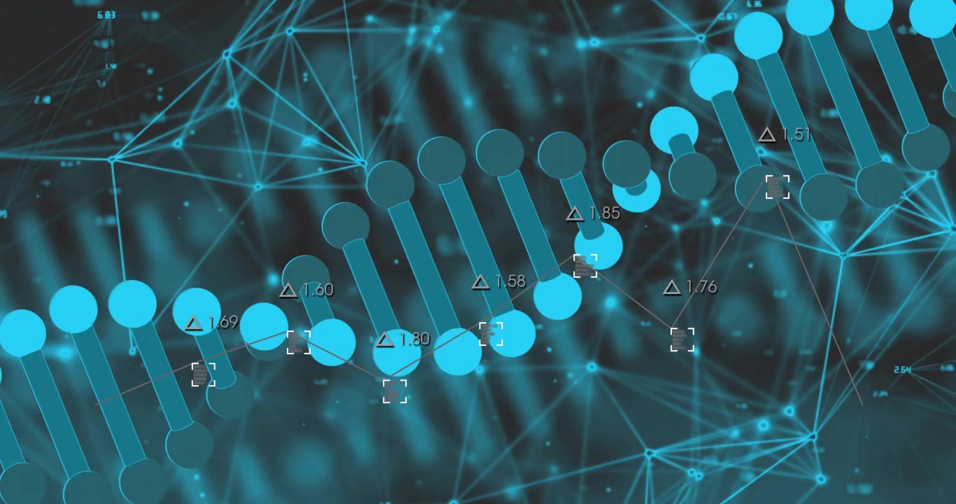 Rete blu scuro che pulsa, una matrice di sfere che forma una doppia elica di DNA rotante che scorre verso l'alto verso il centro.
