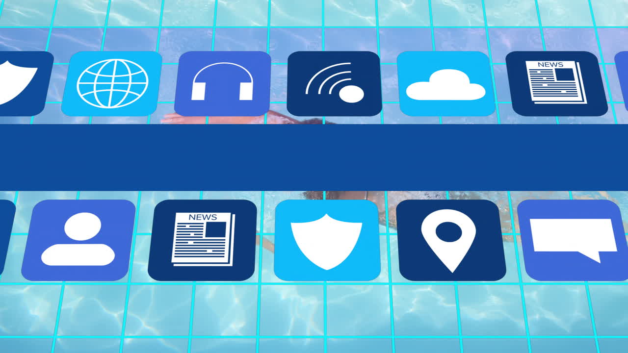 Animation of digital icons for news and communication over swimming pool background
