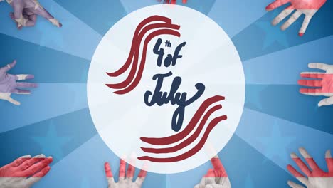 animation of 4th of july text over hands painted with american flag pattern