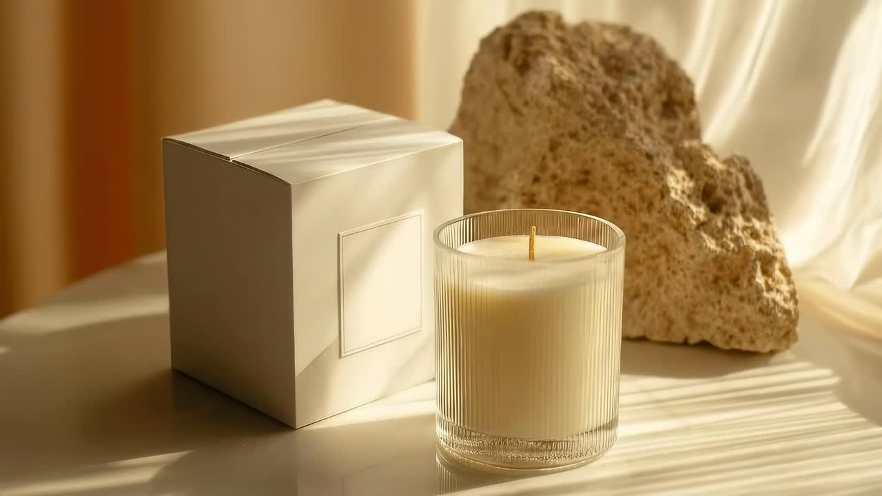 Bougie et boîte élégantes sous une douce lumière du soleil, angle latéral.