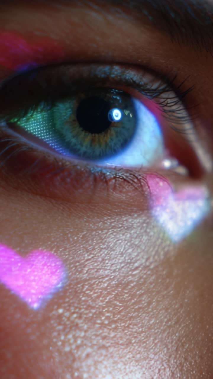 A Close-Up Glimpse of an Eye Adorned with Colorful Heart Projections, Showcasing Intricate Detail and Unique Lighting in a Captivating Visual Display