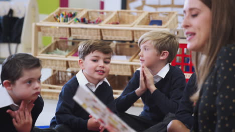 Female-primary-school-teacher-sitting-on-the-floor-reading-a-book-to-her-class,-rack-focus