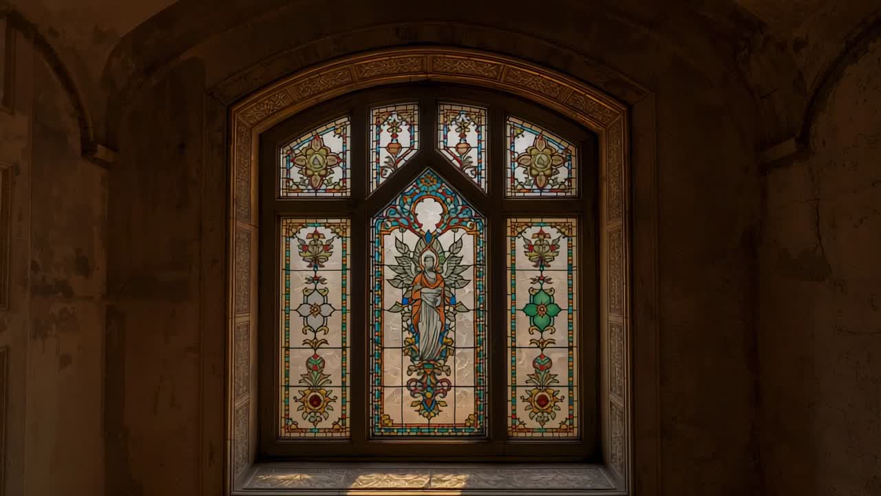Filtering sunrise light, large stained glass window in chapel displaying shifting colored patterns
