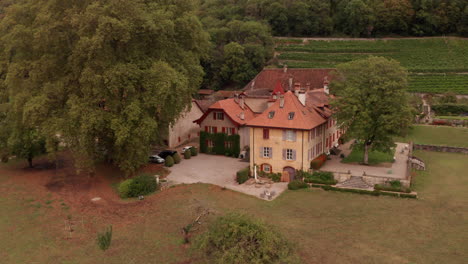 Aerial-dolly-of-old-monumental-buildings-in-rural-Switzerland