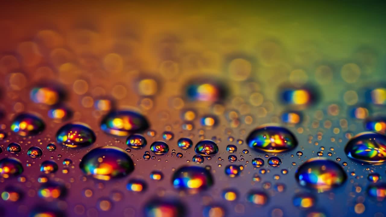 A Stunning Close-Up of Colorful Water Droplets on a Reflective Surface, Showcasing Their Brilliant Iridescent Patterns Under Soft Lighting