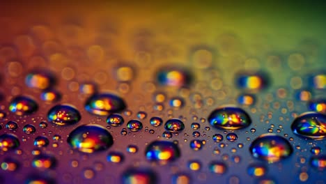 a stunning close-up of colorful water droplets on a reflective surface, showcasing their brilliant iridescent patterns under soft lighting