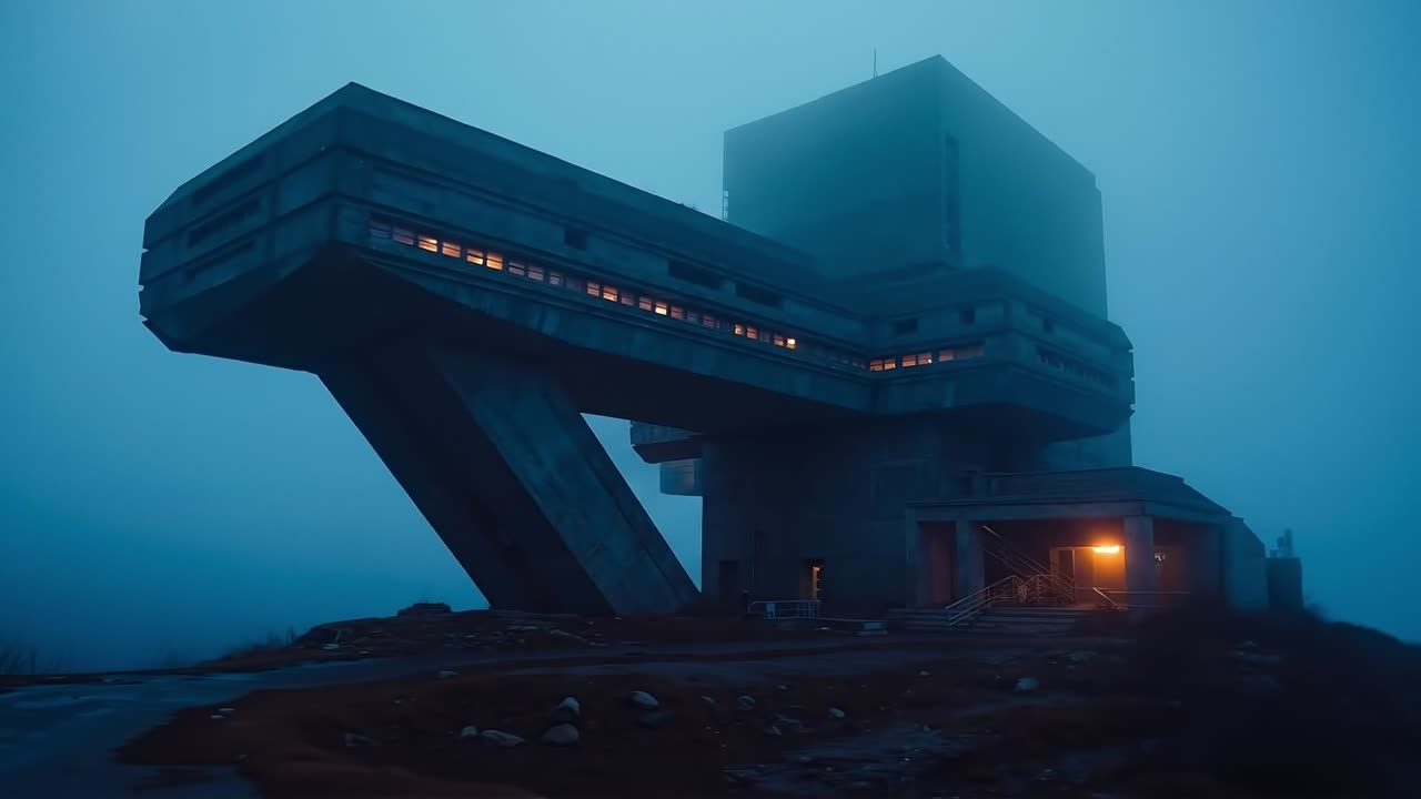 A futuristic building in the middle of a foggy night