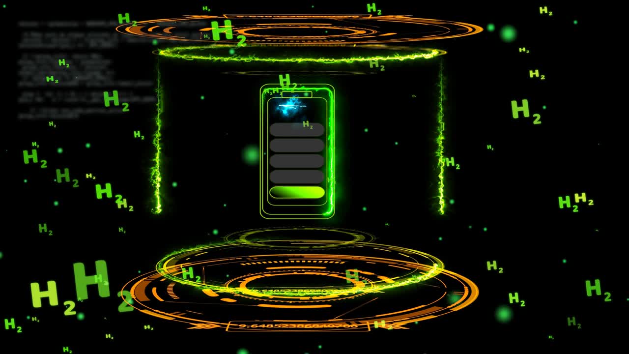 디지털 에 녹색 수소 배터리, h2 텍스트 비행 배경, 컨셉 깨한 에너지는 환경 친화적입니다.