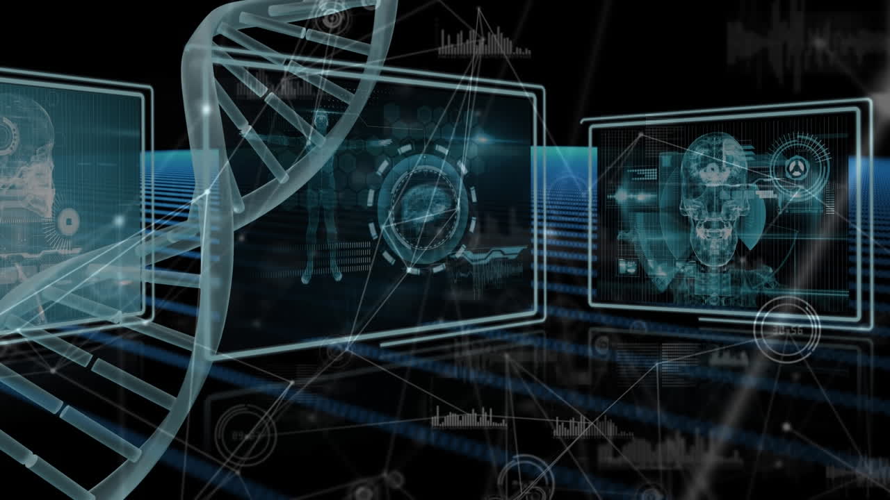 Animation of dna strand spinning over scientific data processing on black background