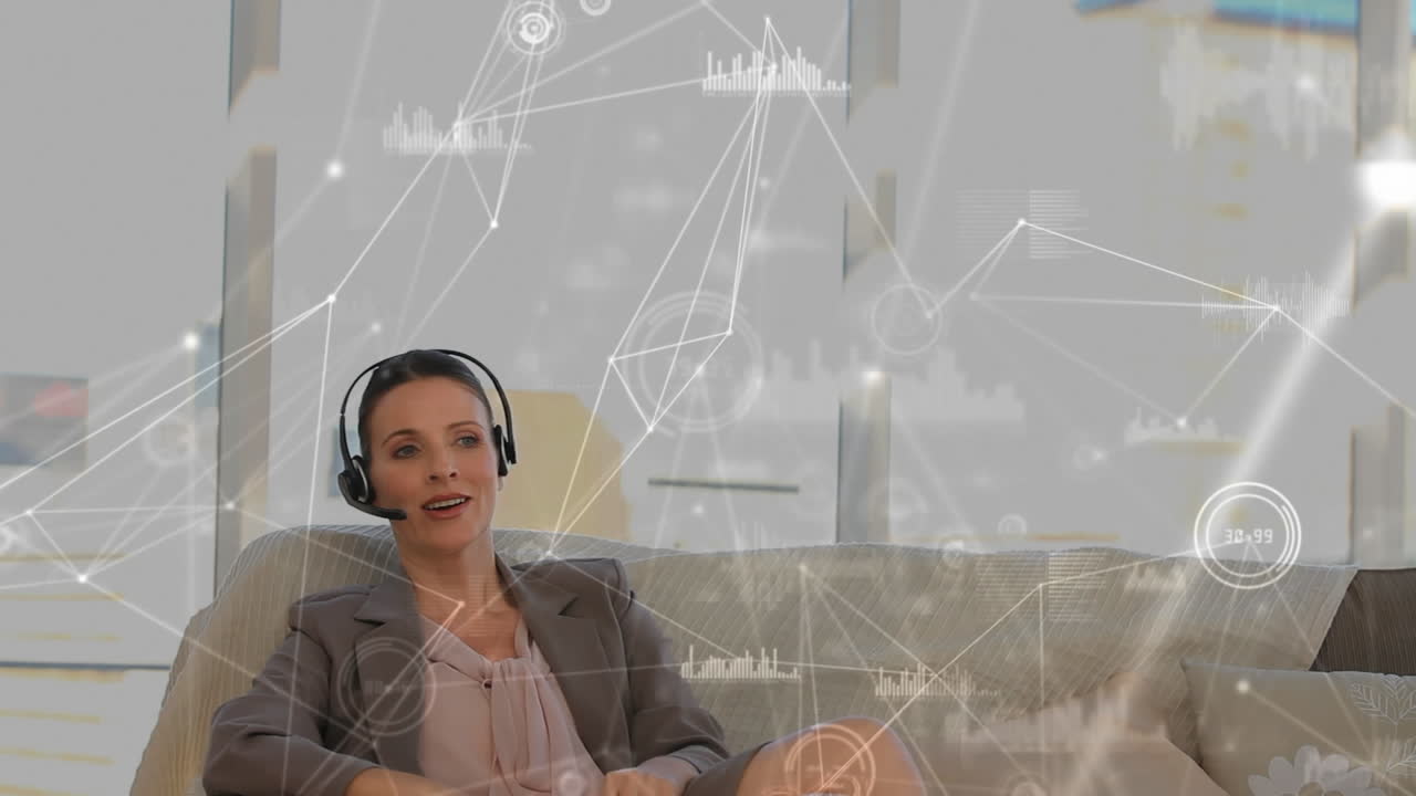 animación de la red de conexiones, estadística sobre mujeres de negocios que usan auriculares telefónicos