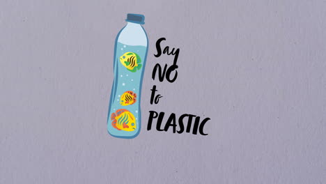 animation of say no to plastic text on plastic bottle on water droplets on grey background