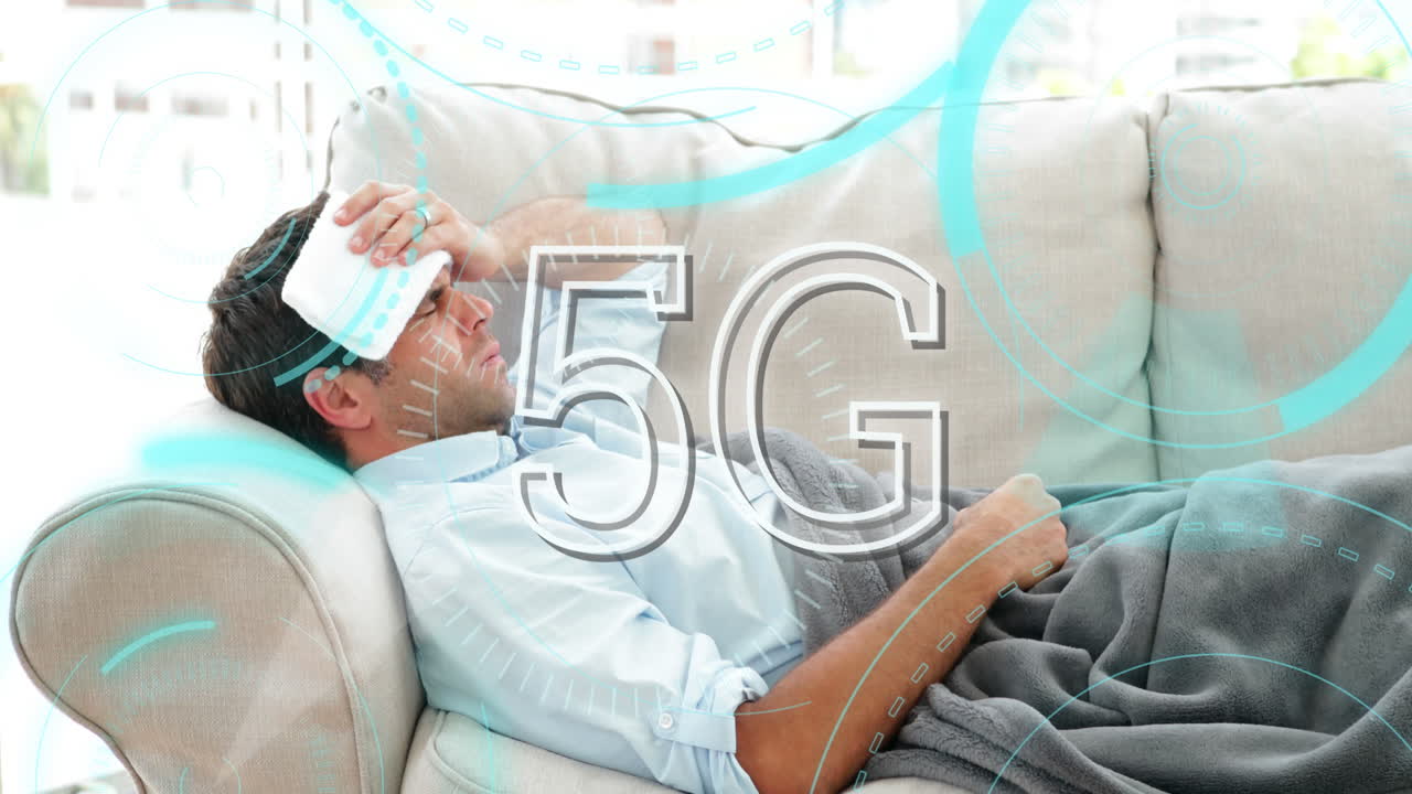 Dòng chữ 5G và các hình tròn trên nền người đàn ông ốm đang nằm trên ghế sofa