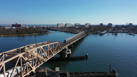 an aerial shot over grassy bay in queens, ny