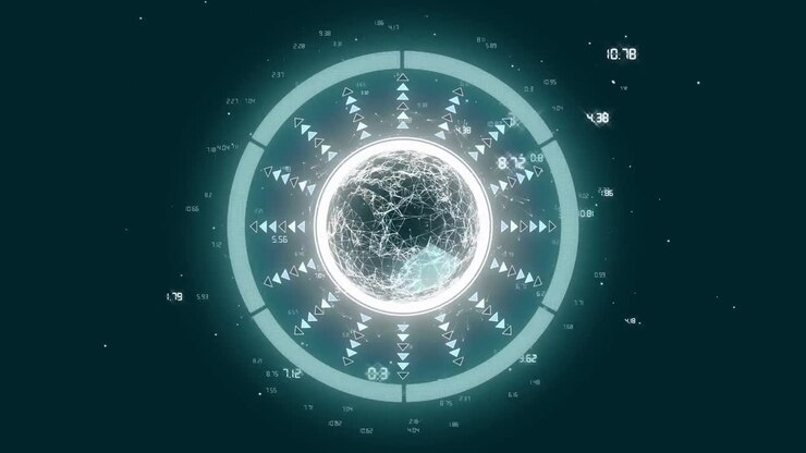 Animazione di scansione circolare con forma 3D e dati numerici su sfondo nero