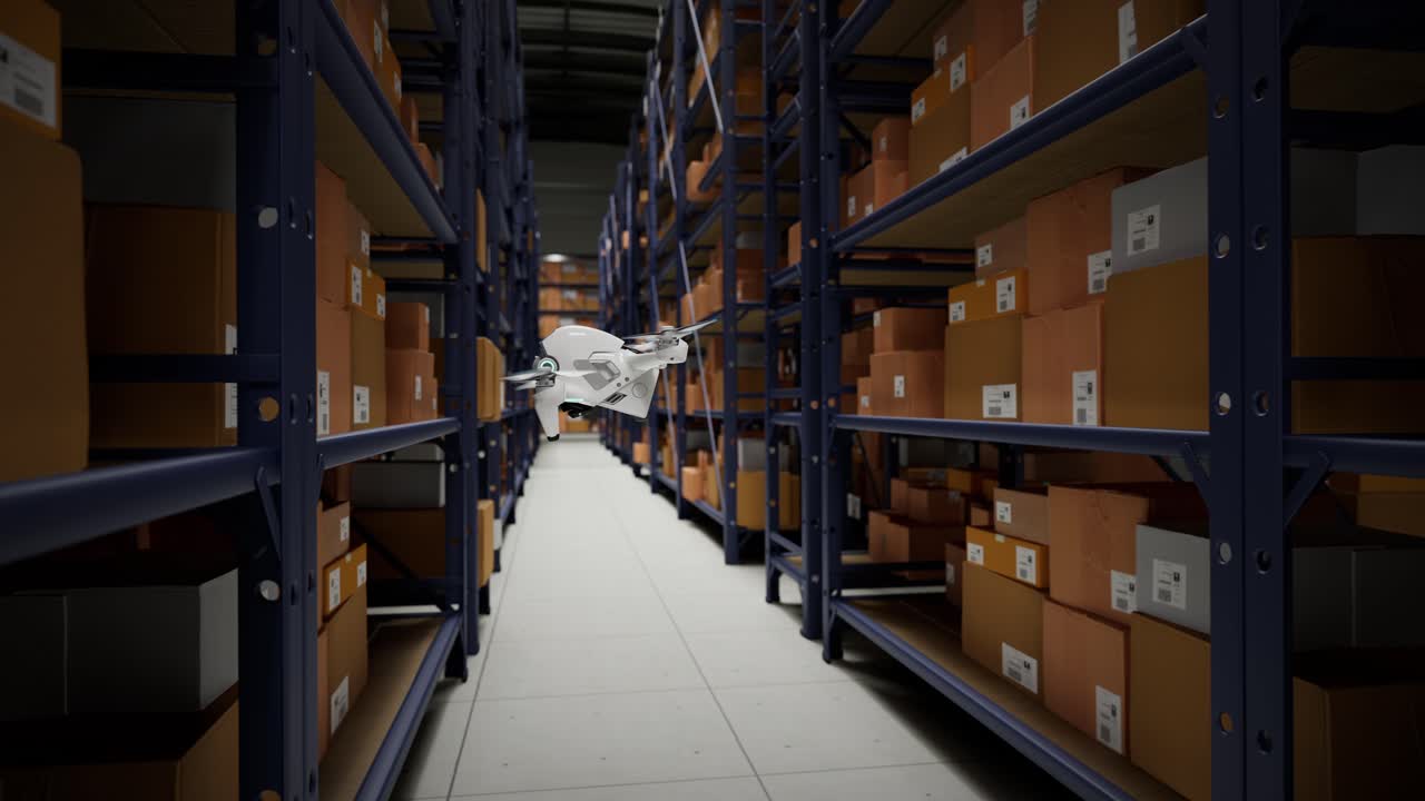 animación con drones de almacén escaneando códigos qr en las cajas de cartón en un estante metálico sistema totalmente automático no tripulado de distribución de carga proceso logístico eficiente coordinado por computadora
