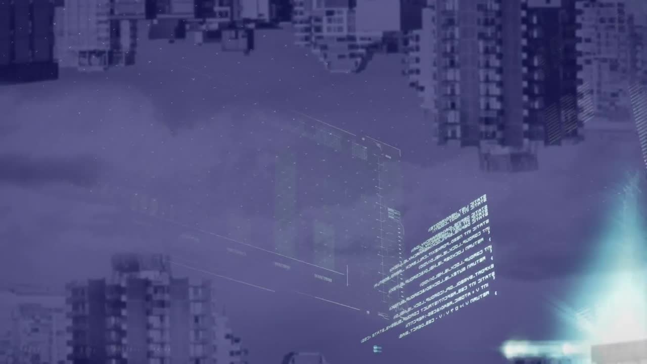 animación del procesamiento de datos y punto de luz contra la vista aérea del paisaje urbano con efecto de sombra.